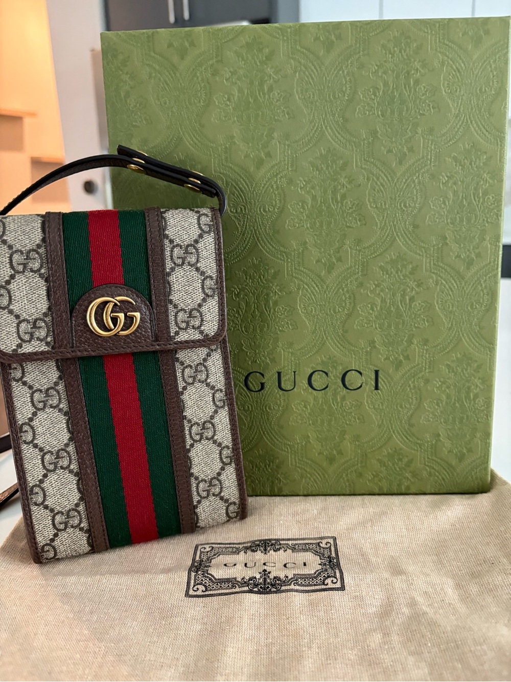 Gucci Beige GG Supreme Mini Shoulder Bag with Green & Red Web and Brown Trim